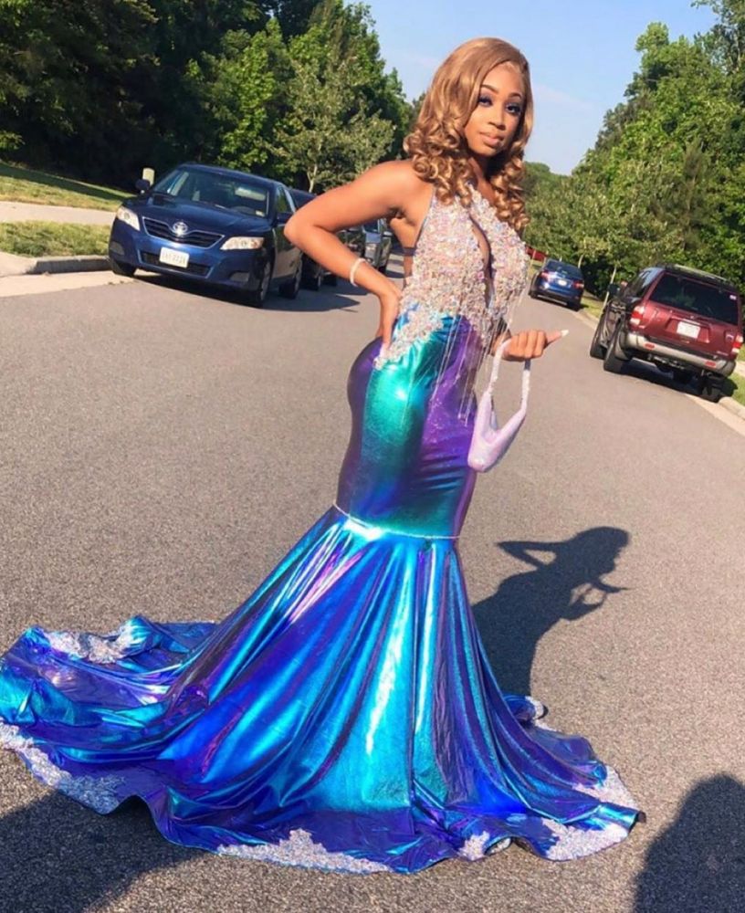 Aqua and Purple Prom Dresses