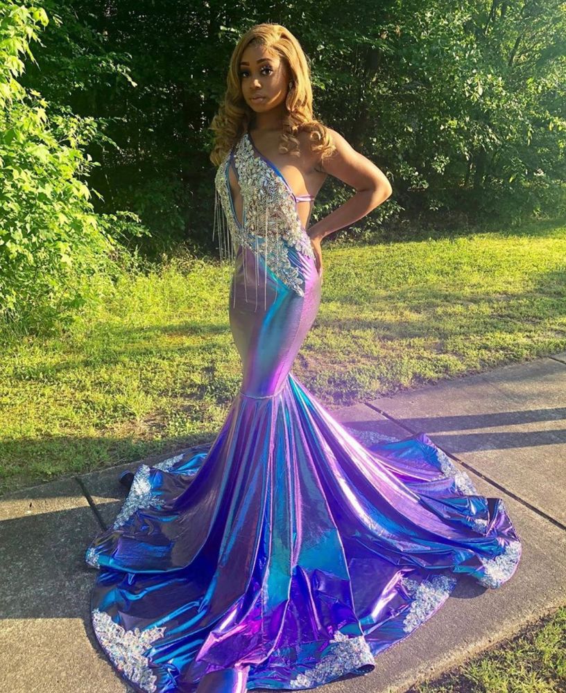 Aqua and Purple Prom Dresses