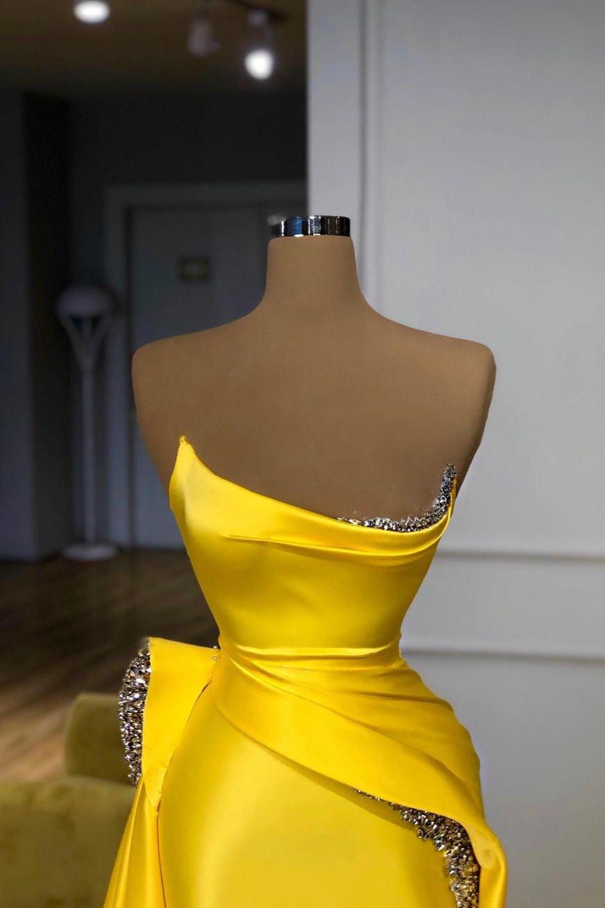 Strapless Mermaid Yellow Satin Long Prom Dresses, Strapless Yellow