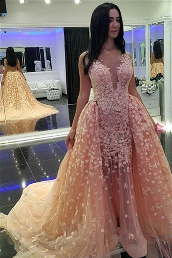 Chic Pink Mermaid Puffy Formal Dresses Detachable Train Dubai