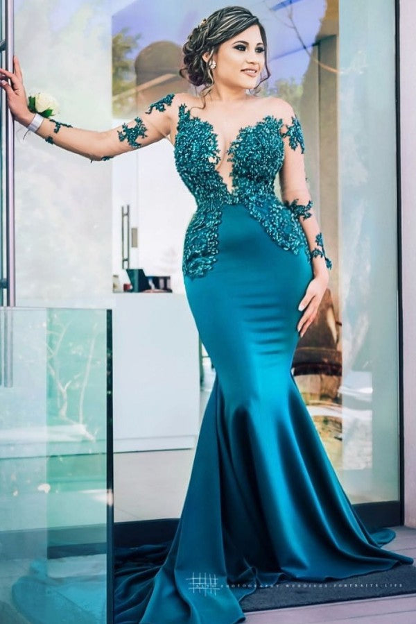 Classic Illusion neck Long Sleeves Blue Lace Appliques Prom Party