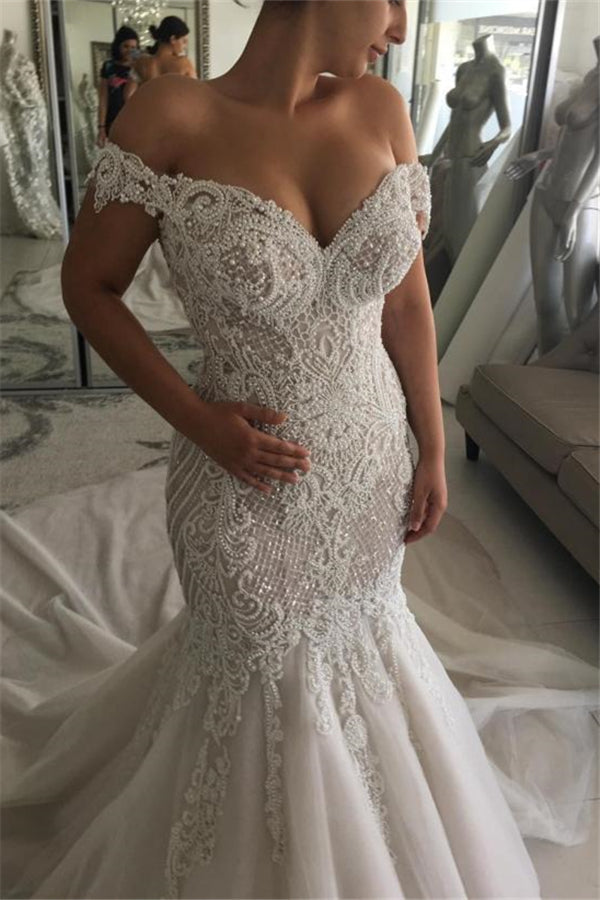 Classic Off the shoulder Sweetheart Pearl Mermaid Chapel Train