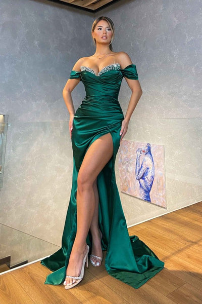 Long Mermaid V-neck Spaghetti Strap Beaded Velvet Prom Dress with Slit –  showprettydress