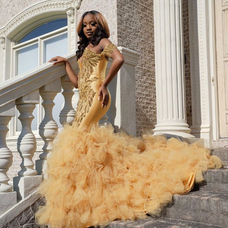 Gold Beads Appliques Fit and Flare Prom Dresses Off the Shoulder