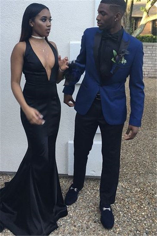 Navy Blue Slim Fit Best Prom Mens Suit with Peaked Lapel showprettydress