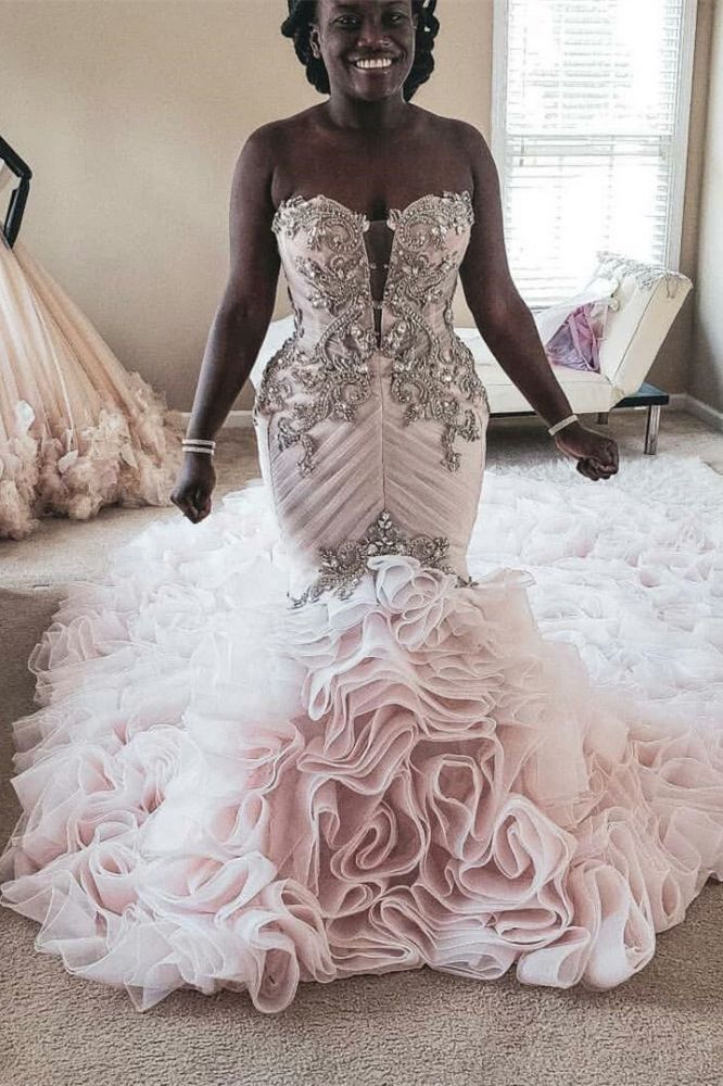 Plus Size Mermaid Crystal Lace Beads Sweetheart Long Train African Custom  Made Ruffless Wedding Dresses – showprettydress