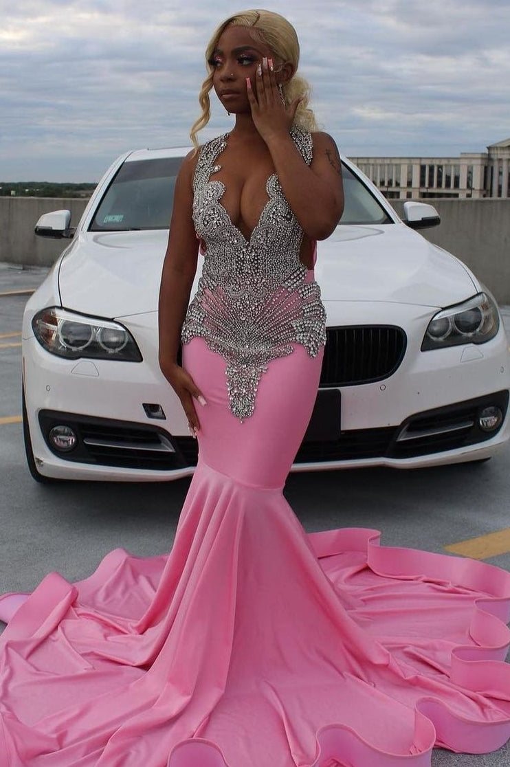 Elegant Pink Mermaid Court Train Prom Dresses wth Silver Beads