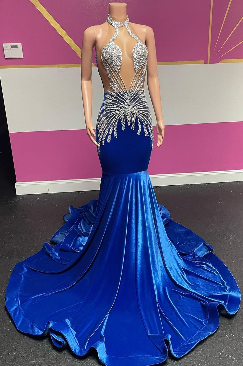 Royal Blue Halter Velvet Mermaid Silver Beaded Prom Dresses ...