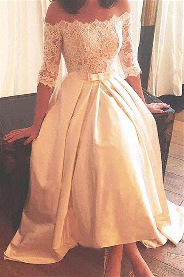 1/2 Sleeves Lace A Line Asymmetrical Sweep Train Satin Off the Shoulder Wedding Dresses-showprettydress