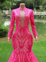 Fuchsia Long Mermaid High Neck Tulle Sequined Prom Dresses with Sleeves