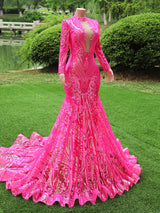 Fuchsia Long Mermaid High Neck Tulle Sequined Prom Dresses with Sleeves