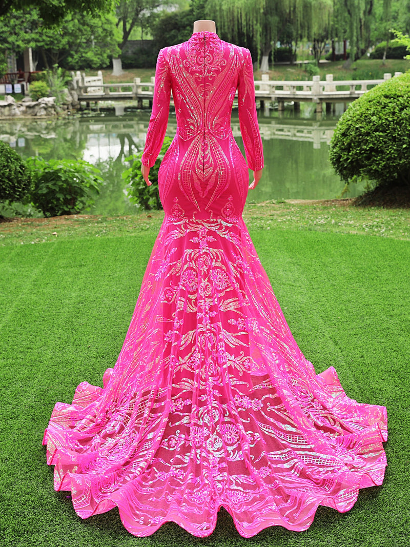 Fuchsia Long Mermaid High Neck Tulle Sequined Prom Dresses with Sleeves