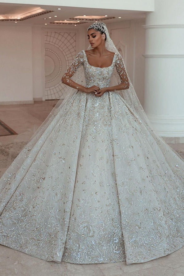 Ball gown Square Neck Long Sleeves with Floor Length Sparkle Beaded Wedding Dress