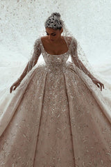 Ball gown Square Neck Long Sleeves with Floor Length Sparkle Beaded Wedding Dress