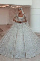 Ball gown Square Neck Long Sleeves with Floor Length Sparkle Beaded Wedding Dress