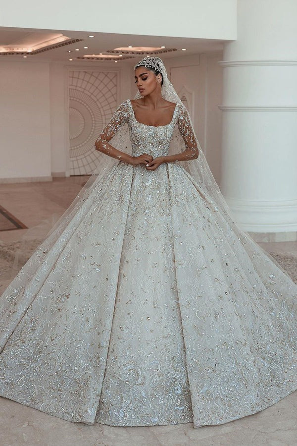 Ball gown Square Neck Long Sleeves with Floor Length Sparkle Beaded Wedding Dress