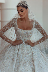 Ball gown Square Neck Long Sleeves with Floor Length Sparkle Beaded Wedding Dress