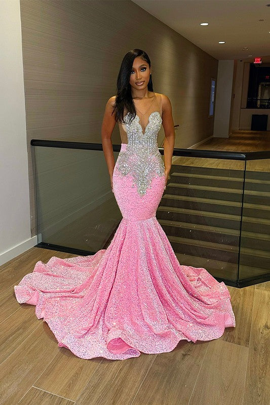 Chic Long Sleeveless Mermaid Sequins Prom Dresses With Ruffles