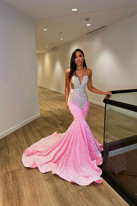 Chic Long Sleeveless Mermaid Sequins Prom Dresses With Ruffles