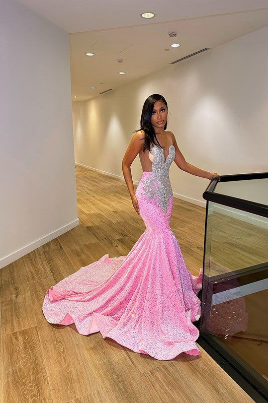 Chic Long Sleeveless Mermaid Sequins Prom Dresses With Ruffles