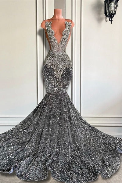 Long Mermaid Jewel Sequined Floor-length Sleeveless Appliques Lace Prom Dress