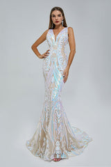 Elegant Mermaid V-neck Backless Lace Sequined Floor-length Long Sleeve Prom Dress