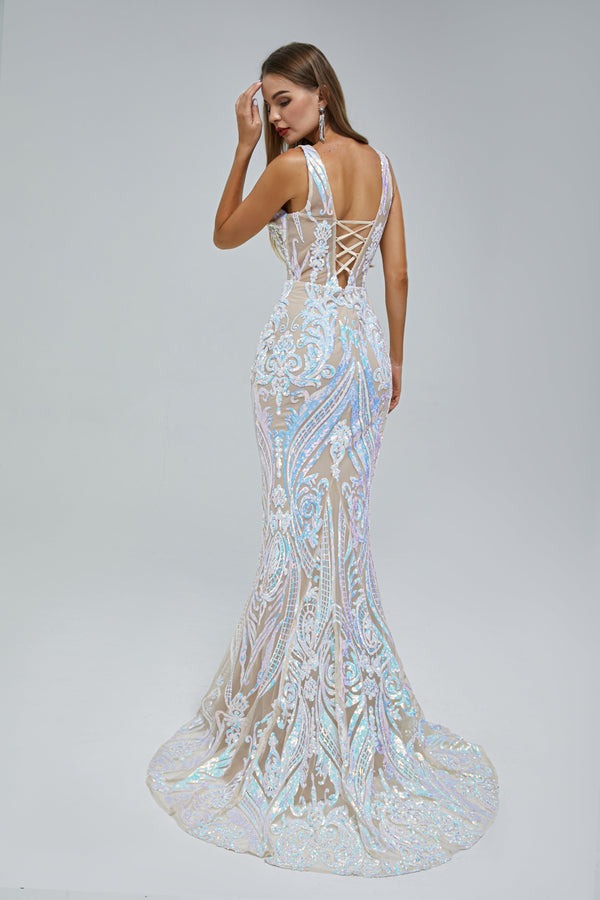 Elegant Mermaid V-neck Backless Lace Sequined Floor-length Long Sleeve Prom Dress