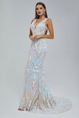 Elegant Mermaid V-neck Backless Lace Sequined Floor-length Long Sleeve Prom Dress