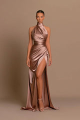 Modern Long Mermaid High Neck Sleeveless Prom Dress With Slit