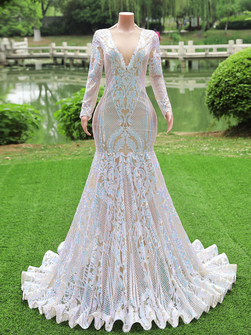 Modest Long Sleeves Mermaid V-neck Sequined Formal Prom Dresses