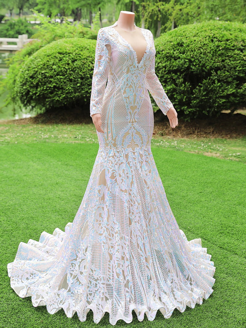 Modest Long Sleeves Mermaid V-neck Sequined Formal Prom Dresses