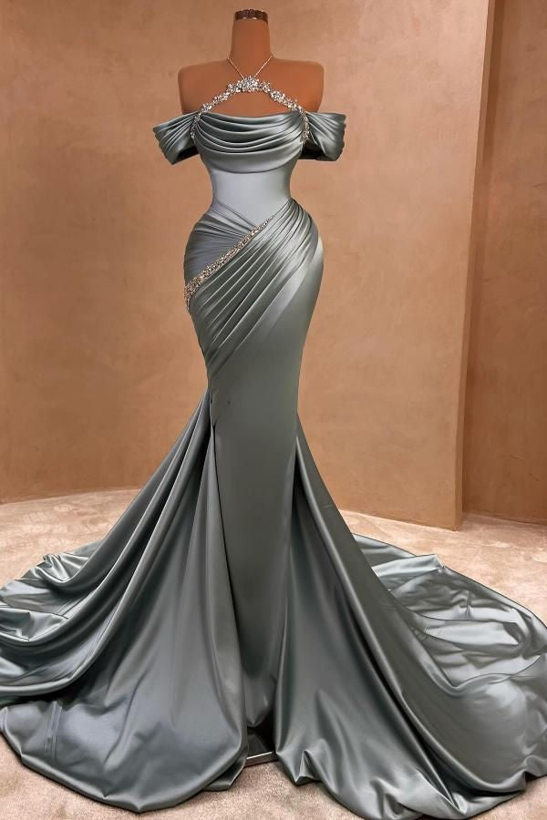 Long Mermaid Off the shoulder Gray Satin Prom Dresses with Cap sleeves