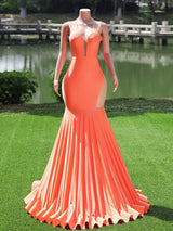 Orange Long Mermaid Sweetheart Satin Tulle Backless Prom Dresses