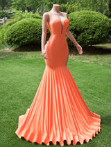 Orange Long Mermaid Sweetheart Satin Tulle Backless Prom Dresses