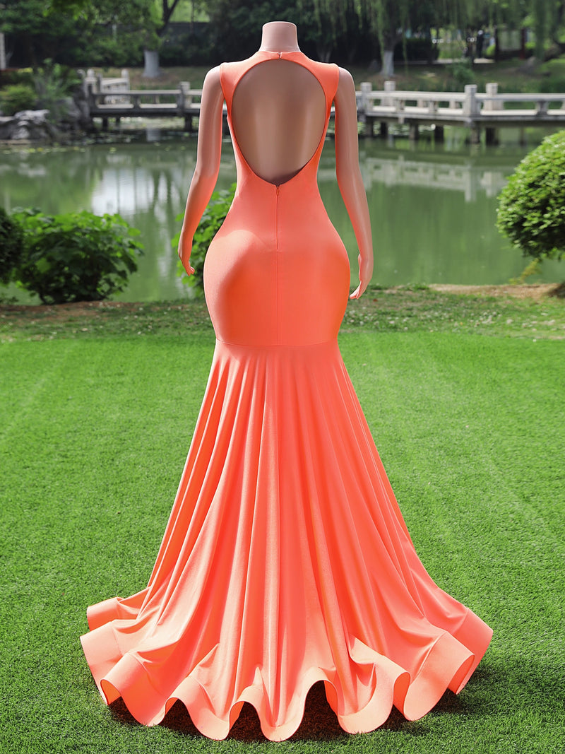 Orange Long Mermaid Sweetheart Satin Tulle Backless Prom Dresses