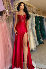 Red Long Mermaid Spaghetti Straps Satin Sleeveless Prom Dress With Slit