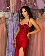 Red Long Mermaid Spaghetti Straps Satin Sleeveless Prom Dress With Slit