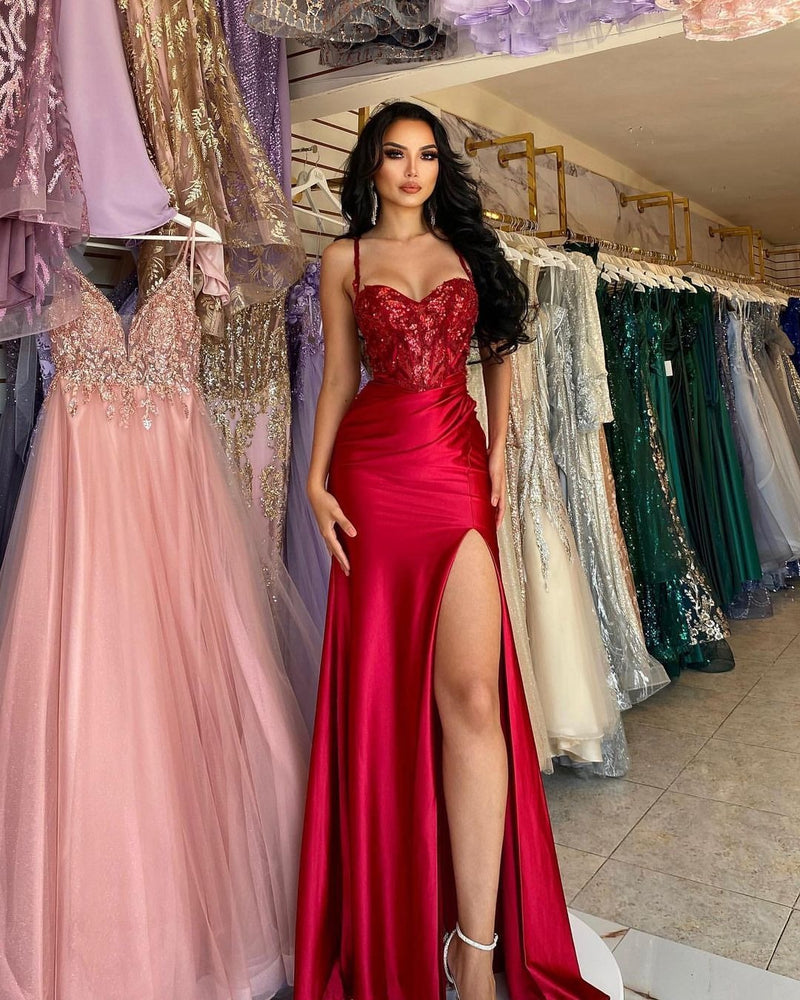 Red Long Mermaid Spaghetti Straps Satin Sleeveless Prom Dress With Slit