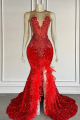 Red Long Mermaid Sequins Sleeveless Front Slit Formal Prom Dress with Feathers