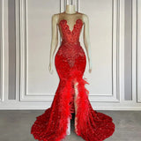 Red Long Mermaid Sequins Sleeveless Front Slit Formal Prom Dress with Feathers