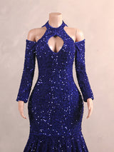 Royal Blue Long Mermaid Halter Sequined Formal Prom Dresses with Sleeves