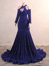 Royal Blue Long Mermaid Halter Sequined Formal Prom Dresses with Sleeves