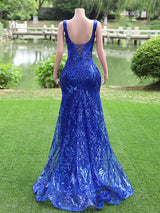 Royal Blue Long Mermaid V-neck Sequined Lace-up Backless Prom Dresses