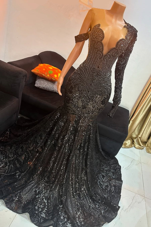 Unique Black Long Beaded Mermaid Court Train Prom Dresses with Sleeves