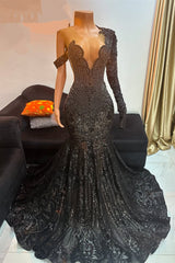 Unique Black Long Beaded Mermaid Court Train Prom Dresses with Sleeves