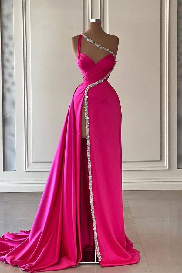 Unique Long Court Train Mermaid One shoulder Prom Dresses with High Split