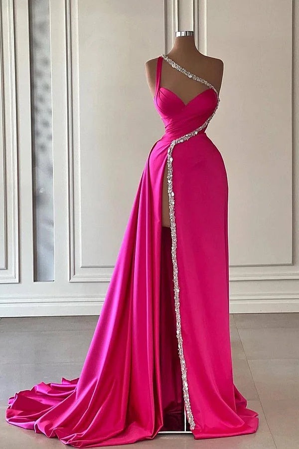 Unique Long Court Train Mermaid One shoulder Prom Dresses with High Split