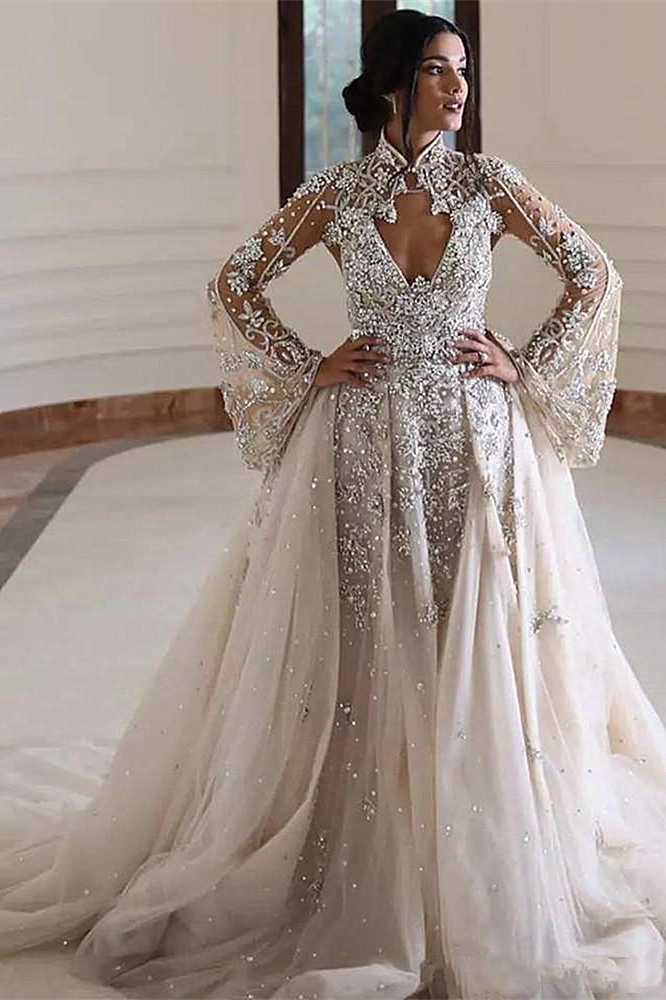 A-line High Collar Long Sleeves Long Train Backless Beaded Wedding Dress-showprettydress