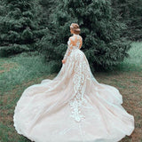 A-line Small Round Collar Long Train Tulle Beading Paillette Wedding Dress-showprettydress