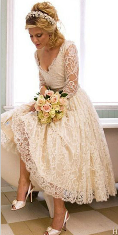 A Line V Neck 3/4 Long Sleeves Lace Wedding Dress New Arrival Tea Length Plus Size Bridal Gown-showprettydress